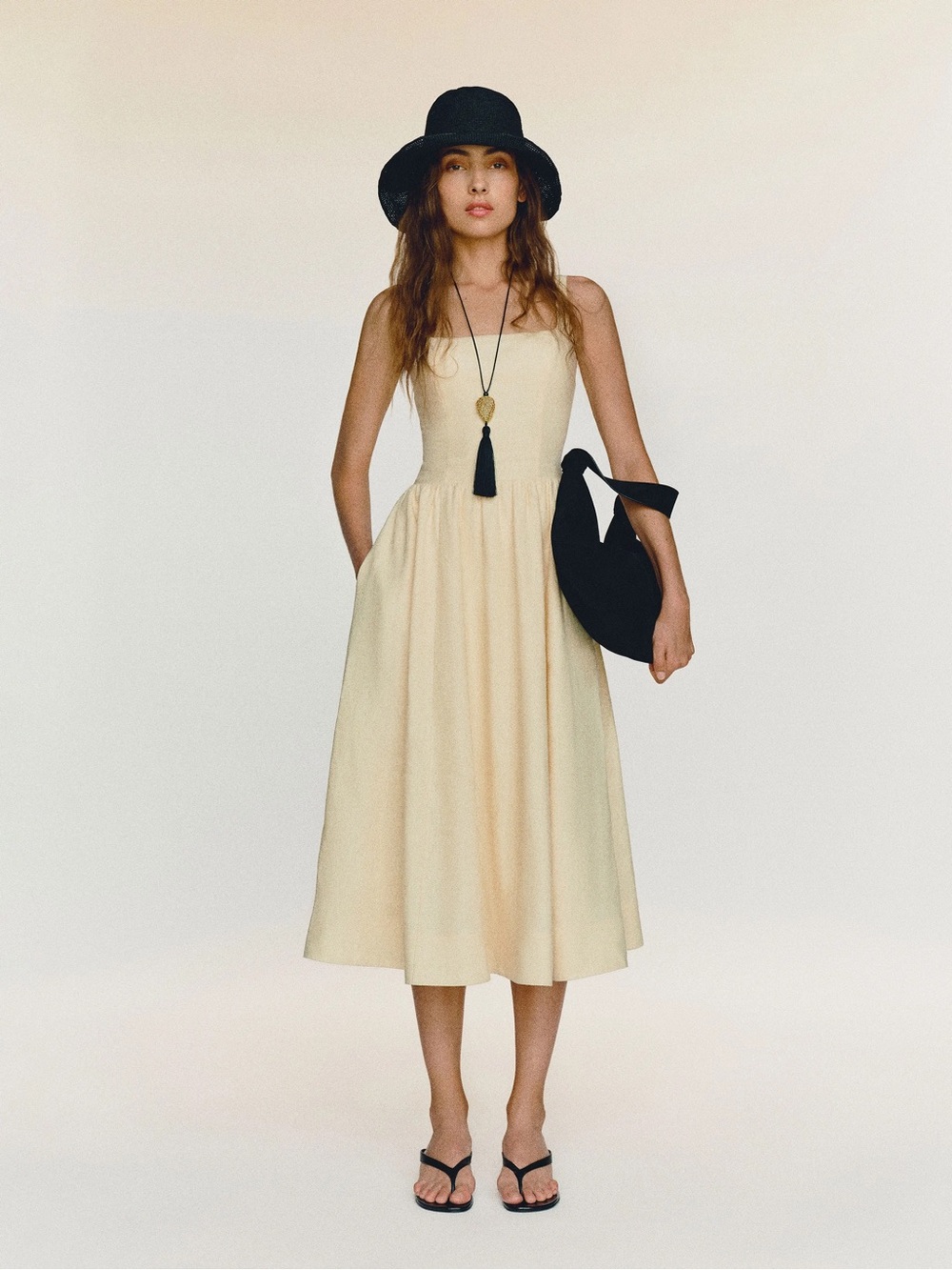 Reformation Janu Linen Sleeveless Cream Midi Dress with Square Neck